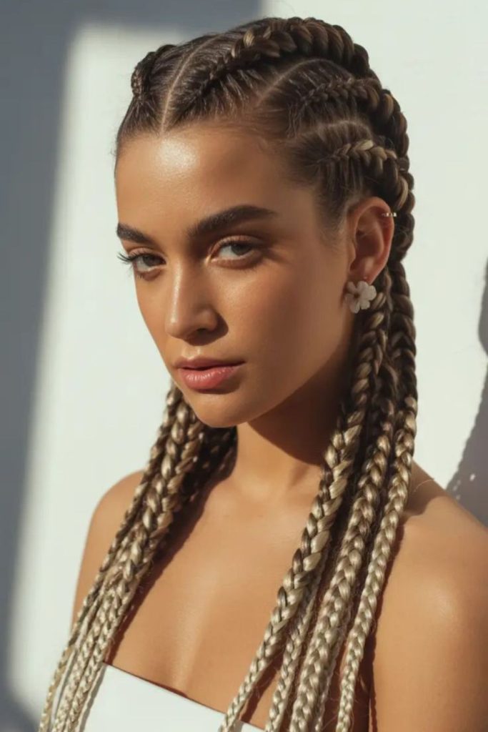 Diagonal natural cornrow braid pattern.