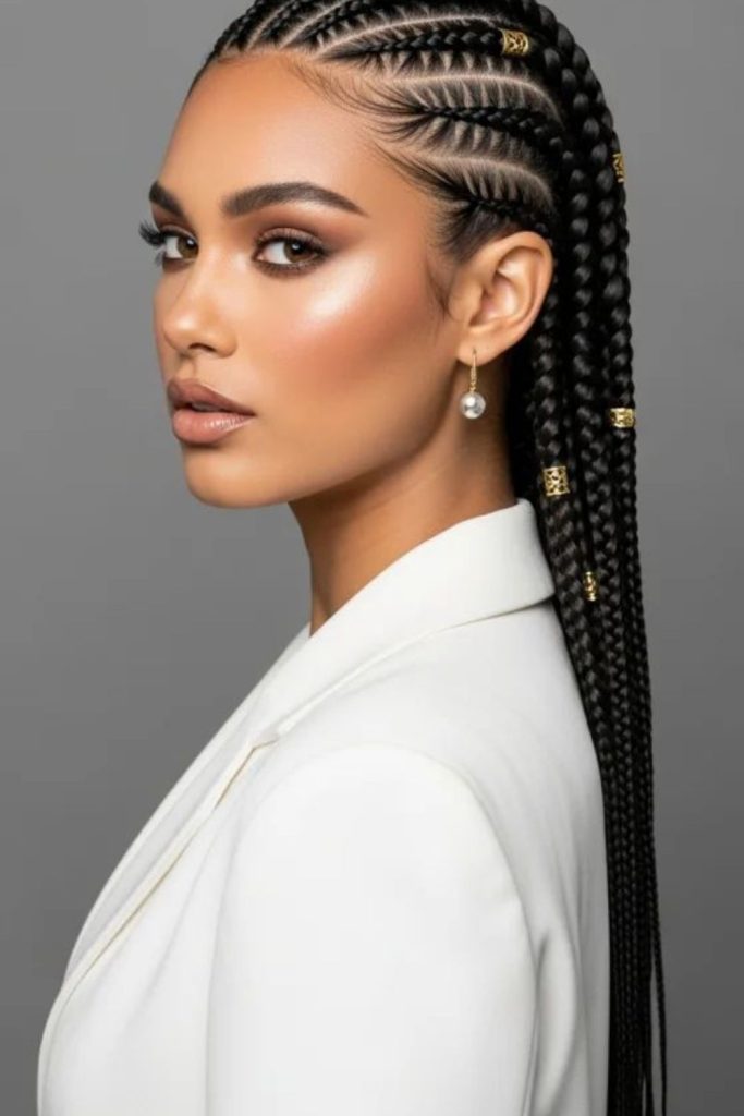 Diagonal stitch natural cornrow braid design.