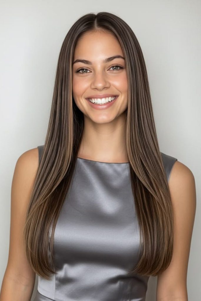 Diamond center part straight hairstyle.