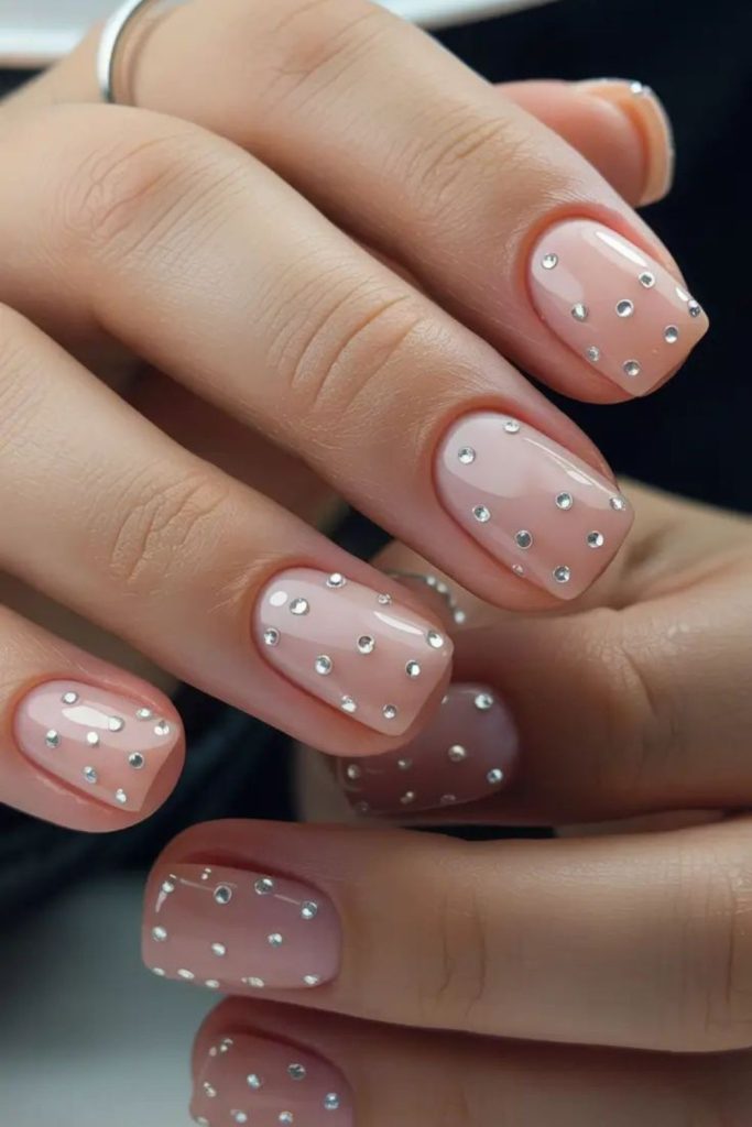 Diamond rhinestone nude baddie nails