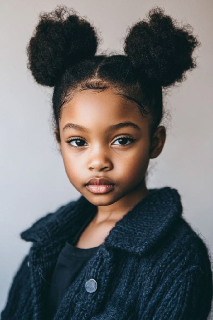 Double afro puffs with scrunchies.