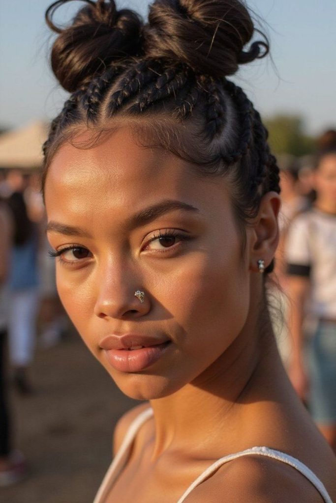 Cornrows styled into double buns.
