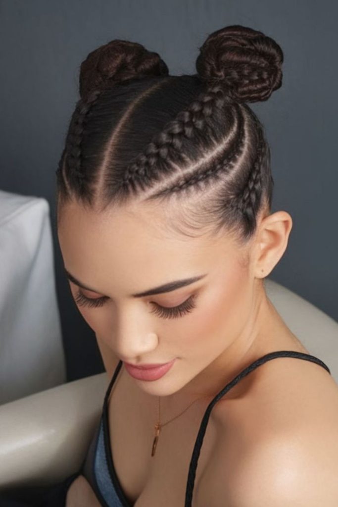 Double bun natural braided cornrows hairstyle.