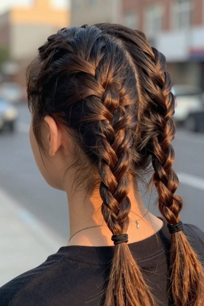 Double French braided school hairstyle.