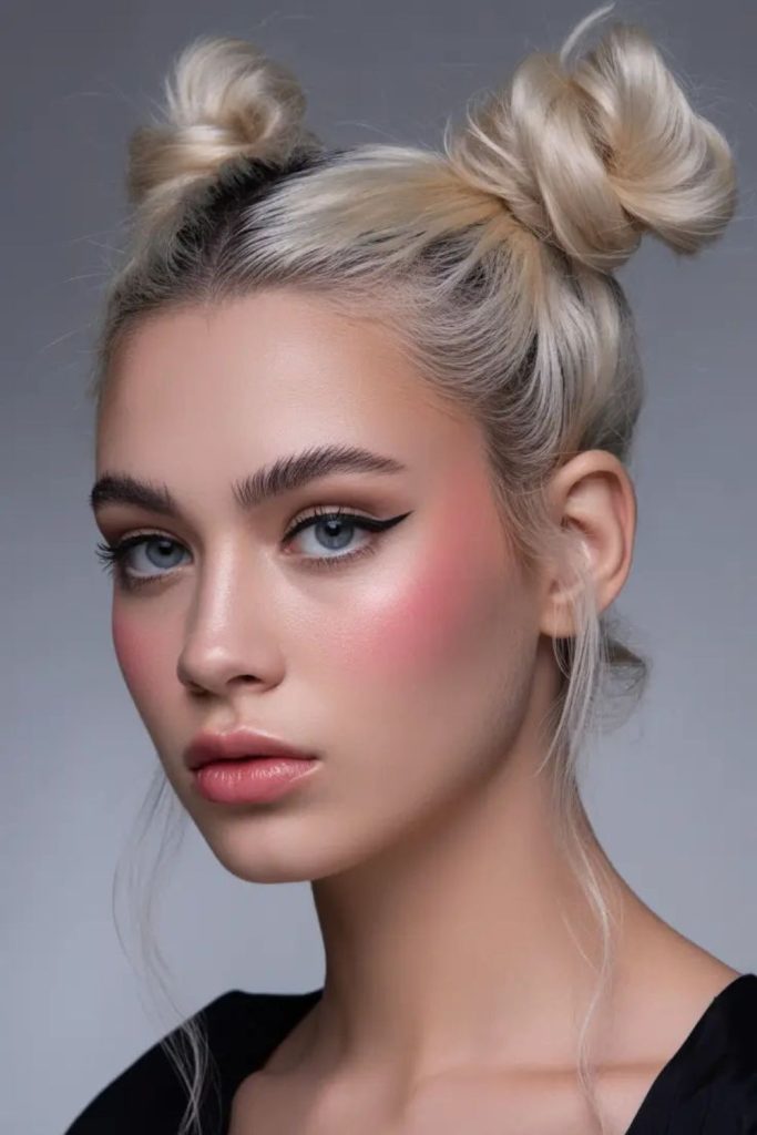 Double space buns with wispy strands.