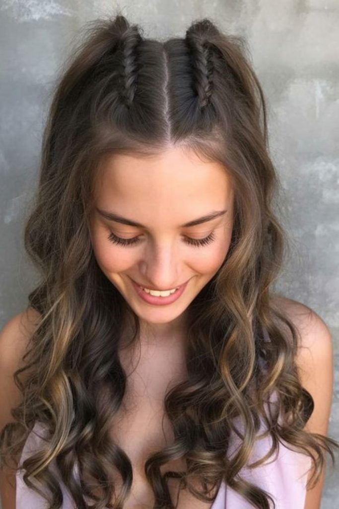 Double twist half-up hairstyle girls.