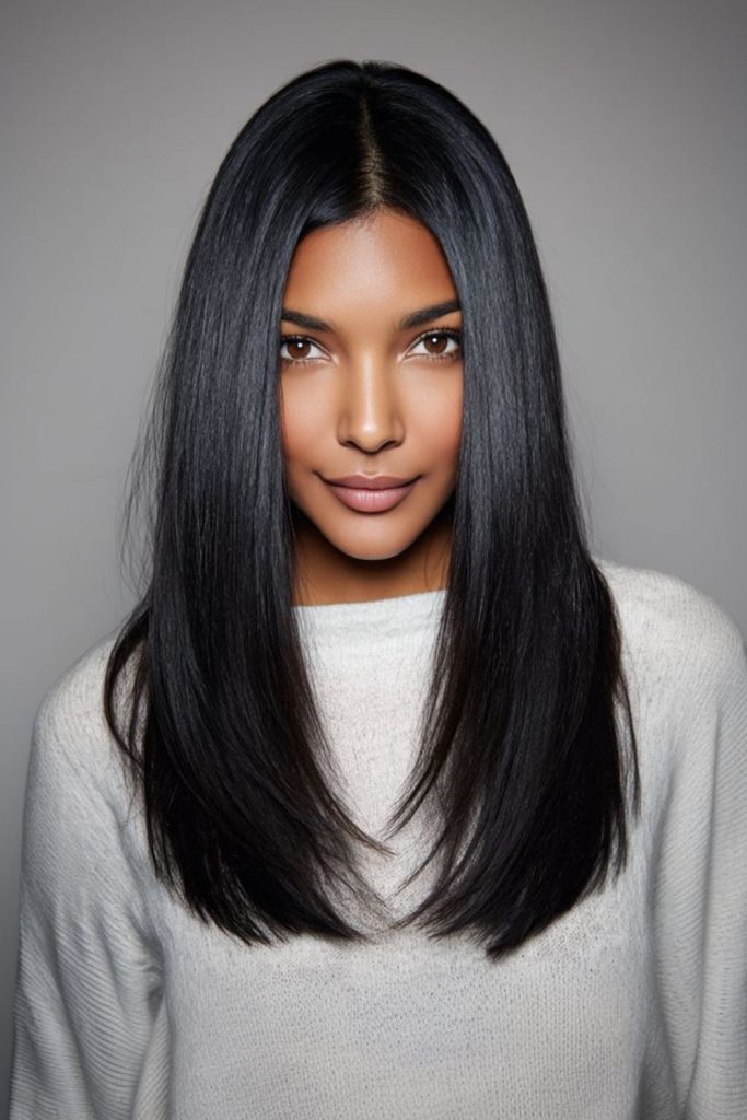 Ebony shine long straight hairstyle.