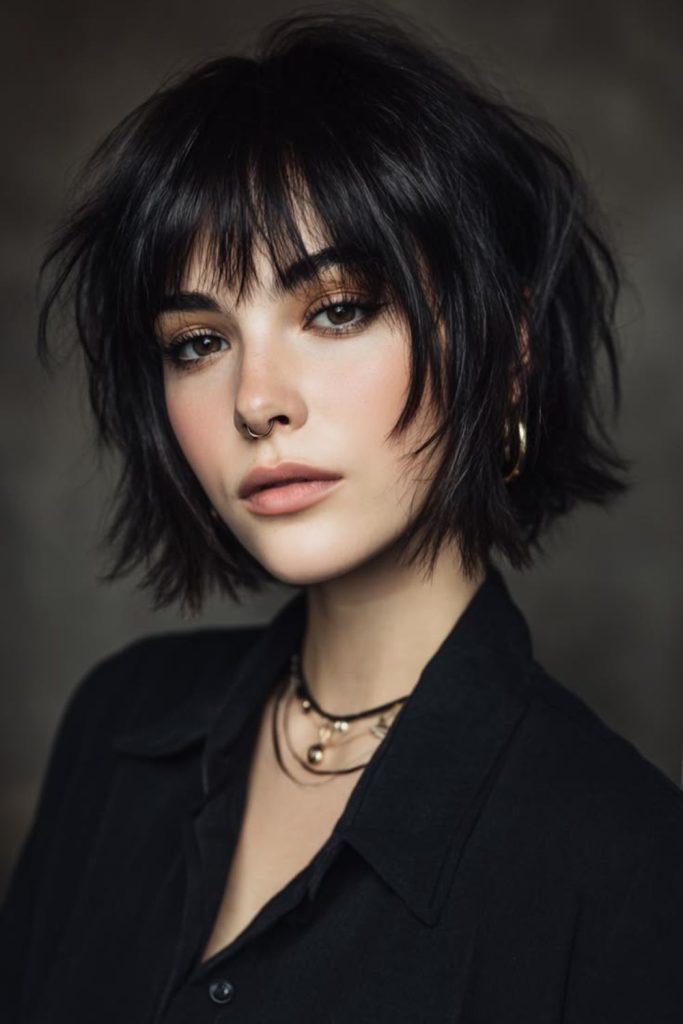 Edgy French bob with choppy texture.