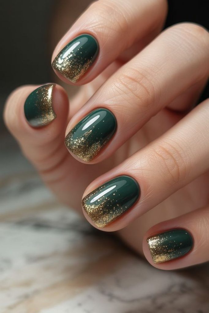 Emerald green nails with gold.