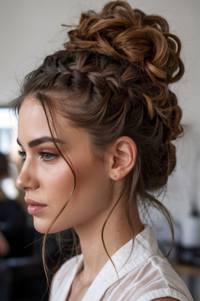 Enchanted spiral bun with crystal pins.