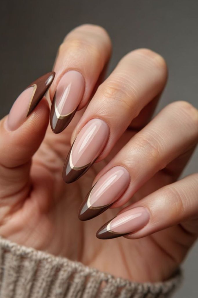 Espresso French tips with golden details.