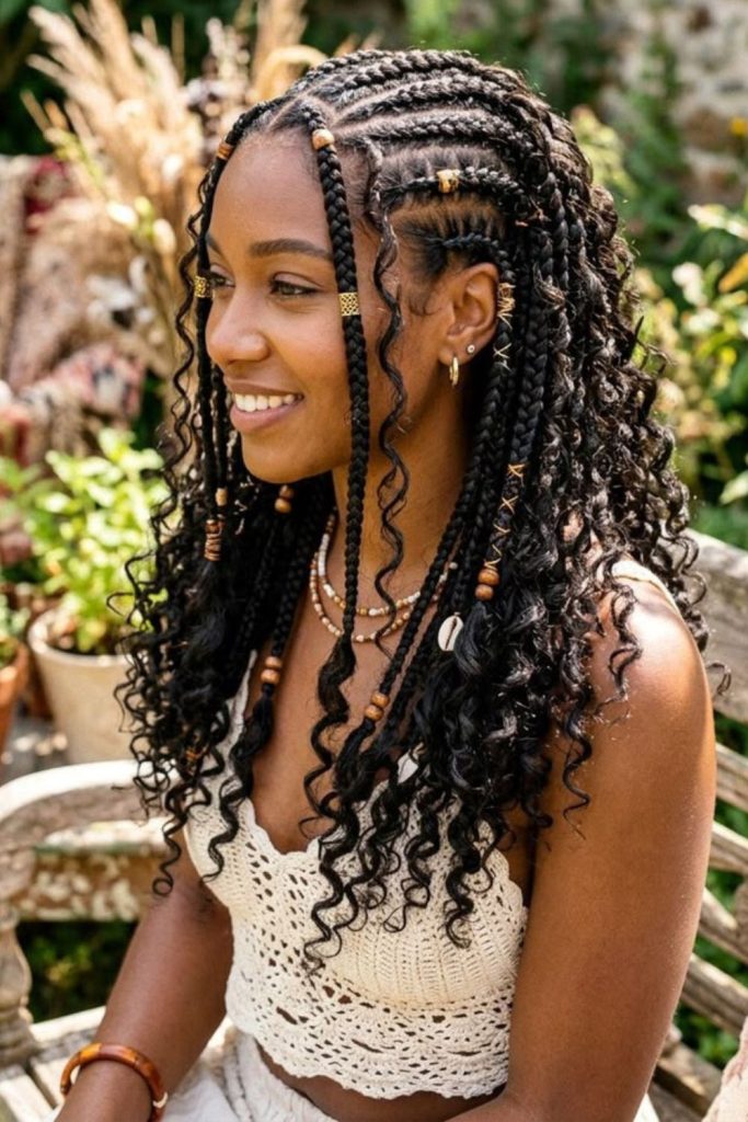 Fulani braids featuring decorative wooden beads.