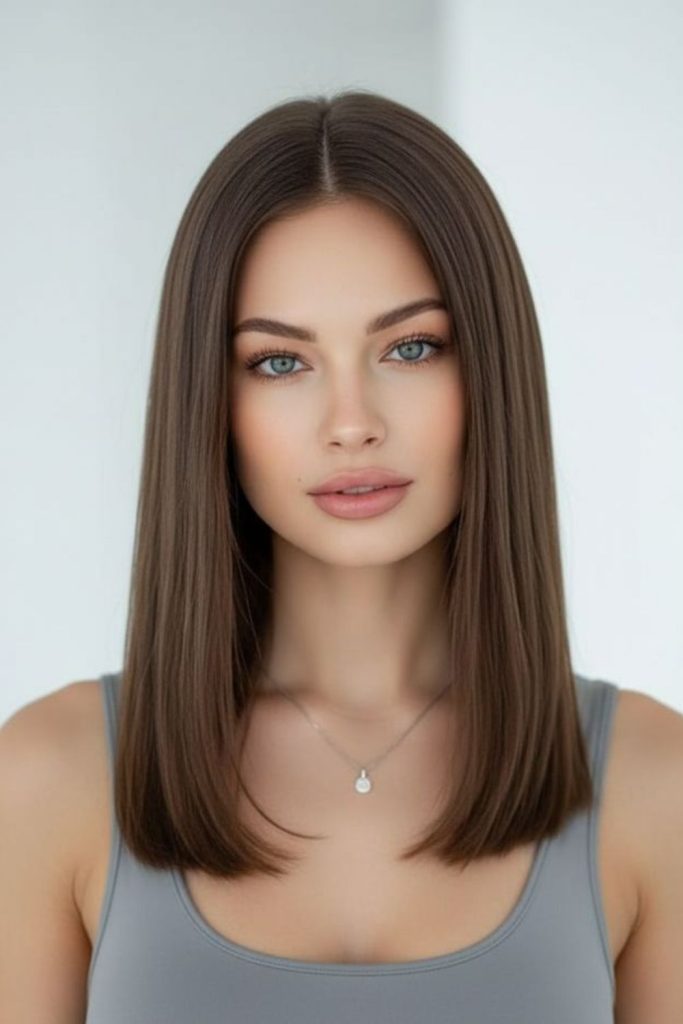 Espresso glass finish straight hairstyle.