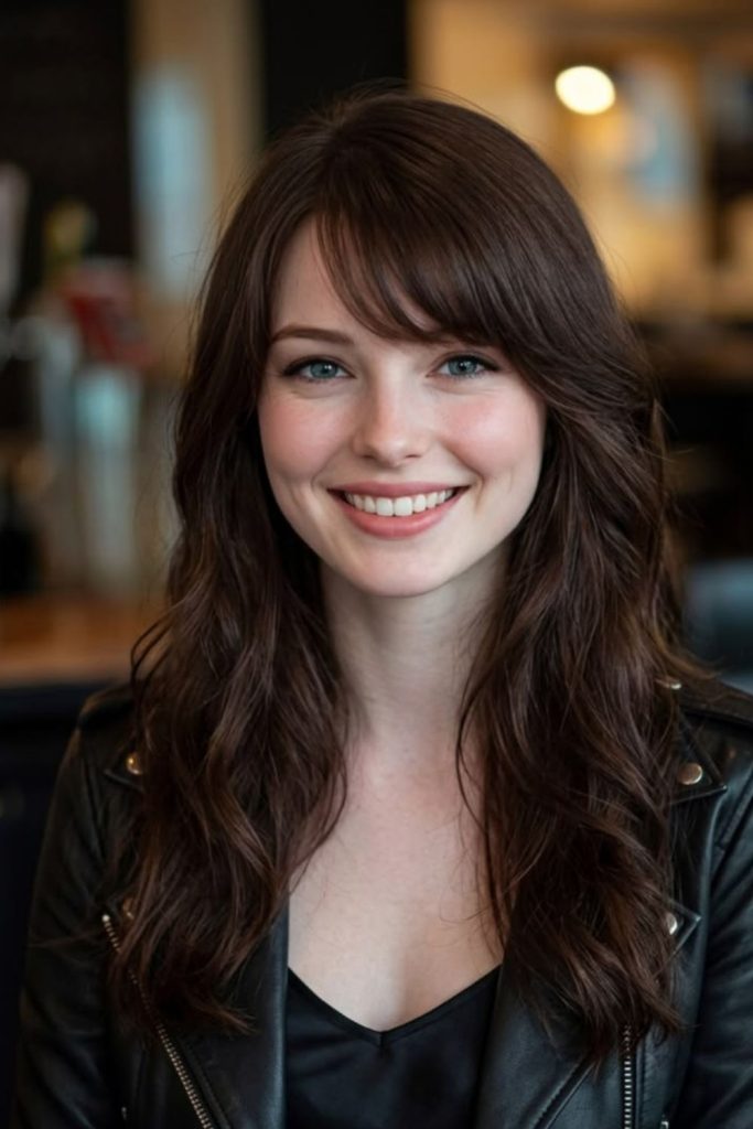 Espresso Side Sweep with rich brunette layers.