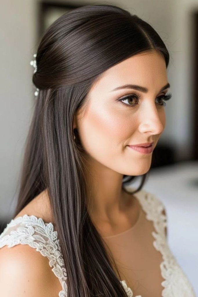 Silky long straight wedding hairstyle.