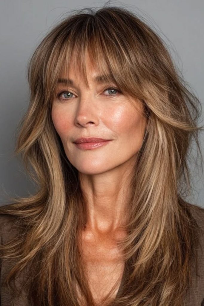 Feathered fringe with soft layered hair.