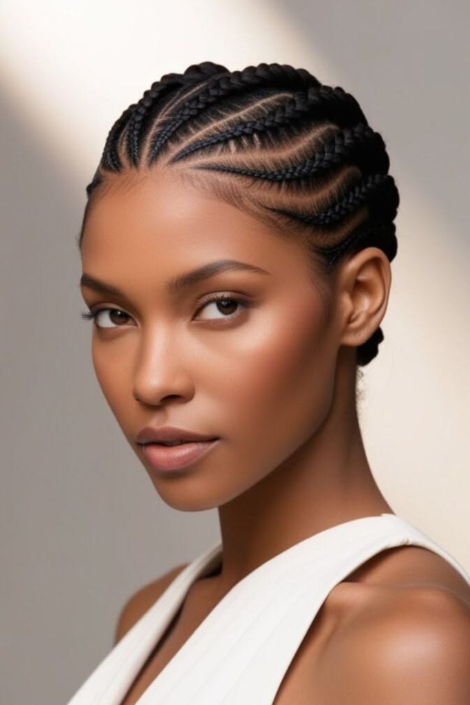 Natural feed in cornrows with shine.