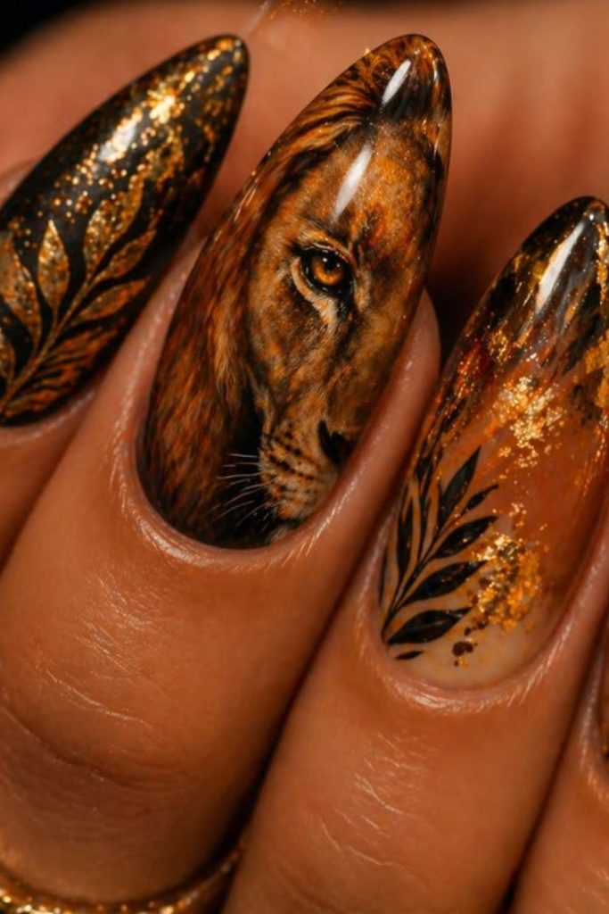 Fierce black gold lion nails