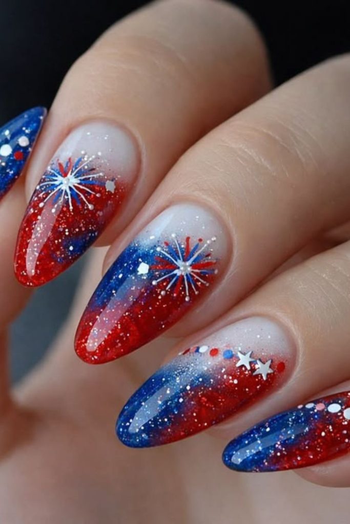 Patriotic glitter firecracker nail art design.