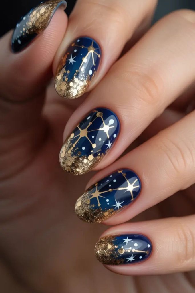 Midnight firefly glitter nail design.