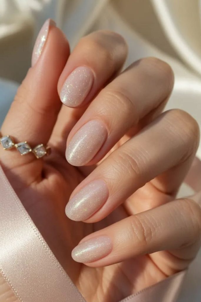 Nude crystal accent elegant school nails.