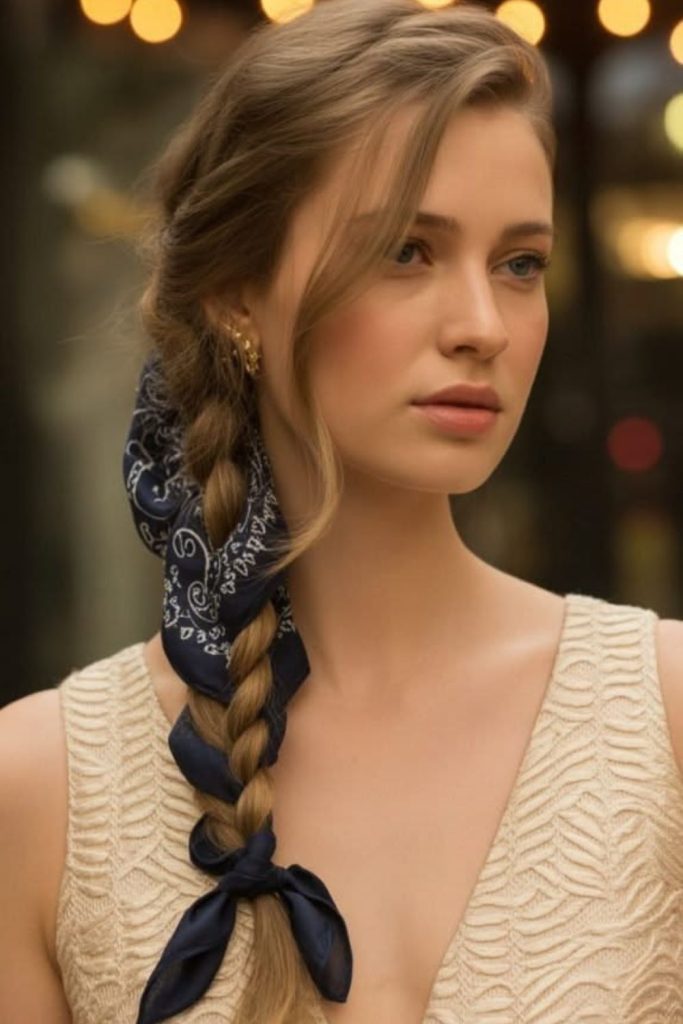 Fishtail braid featuring woven bandana accent.