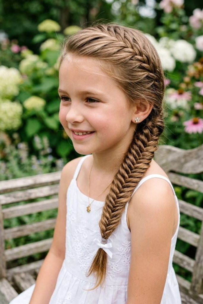 Side fishtail braid with pearls.
