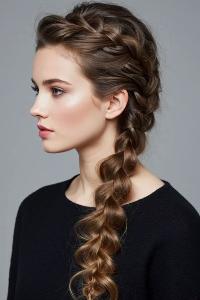 Side fishtail braid elegant style.