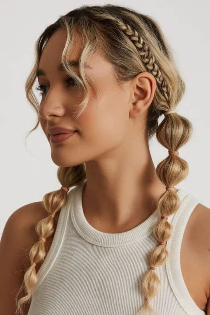 Bubble braids with satin ribbon accents.