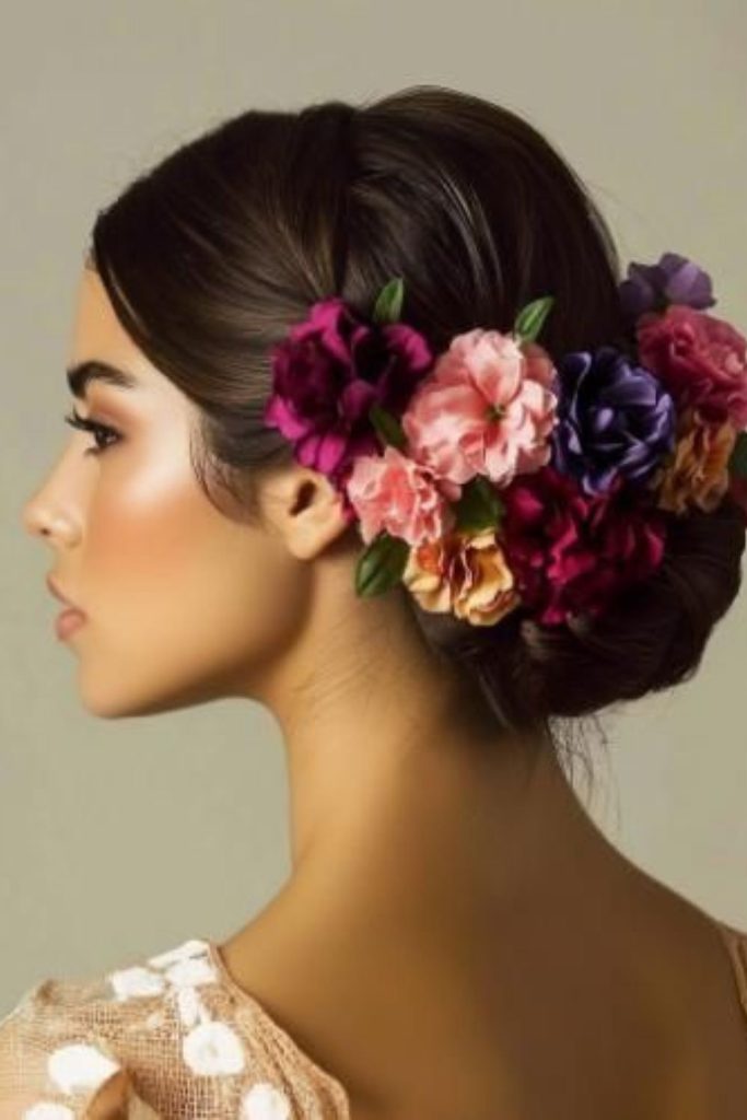 Marigold flower traditional bun hairstyle.