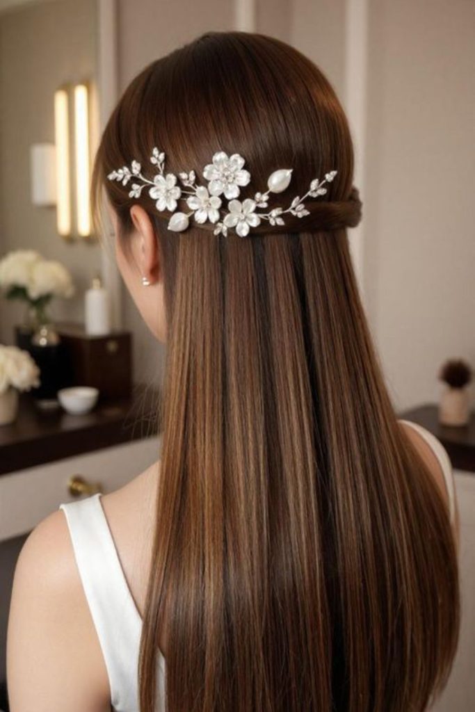 Straight hair adorned with fresh flowers.