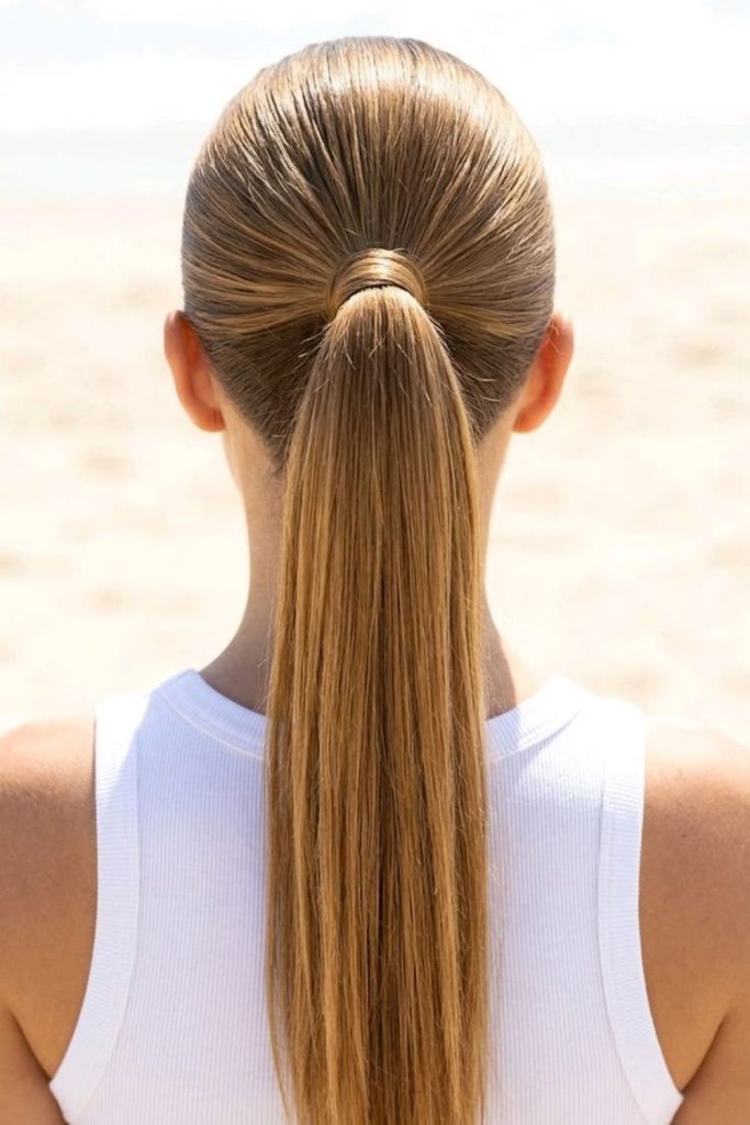 Folded loop ponytail school hairstyle.