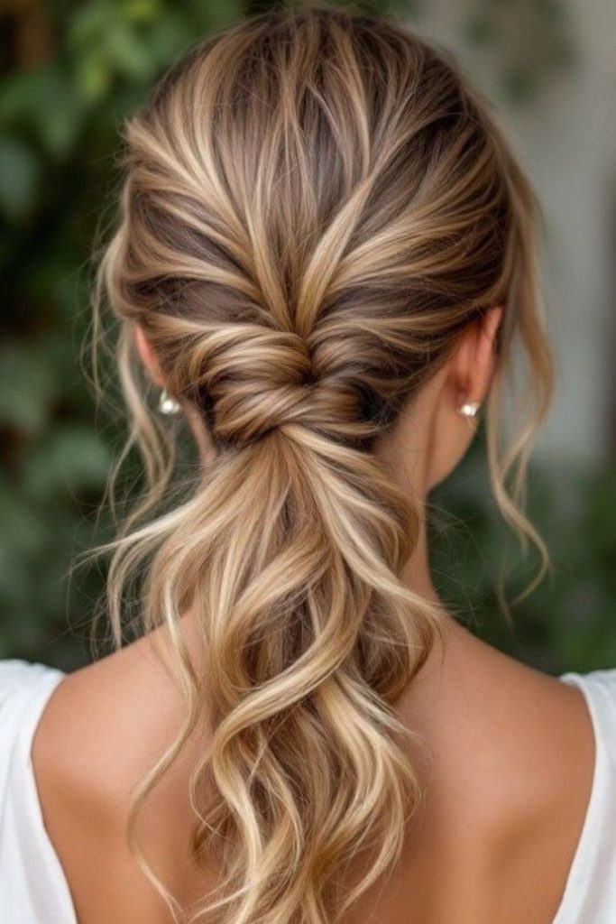 Folded ponytail with sleek finish.