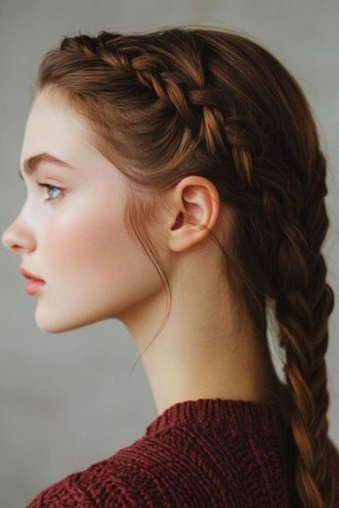 Classic French braid school hairstyle.
