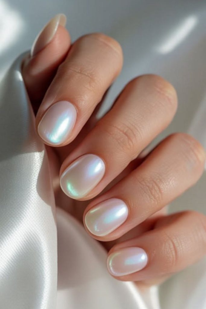 Frosted pearl shimmer nail design.