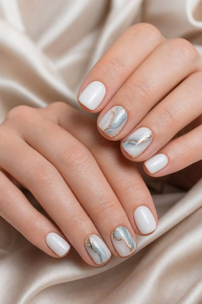 Milky white geometric glossy nails.