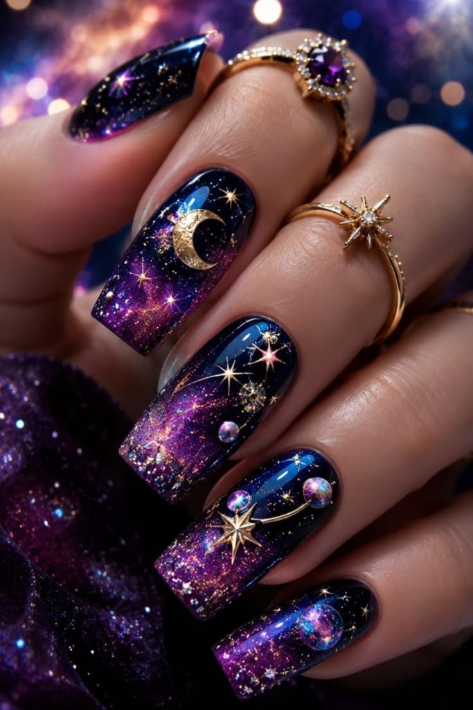 Galaxy glitter celestial navy nail art.