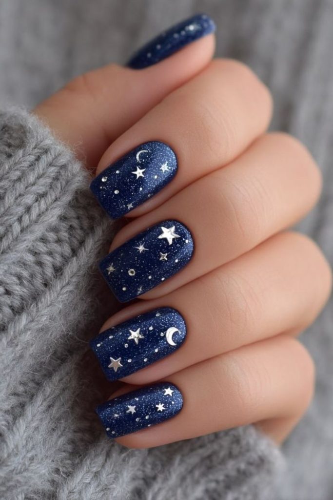 Galaxy-inspired navy glitter nail art.