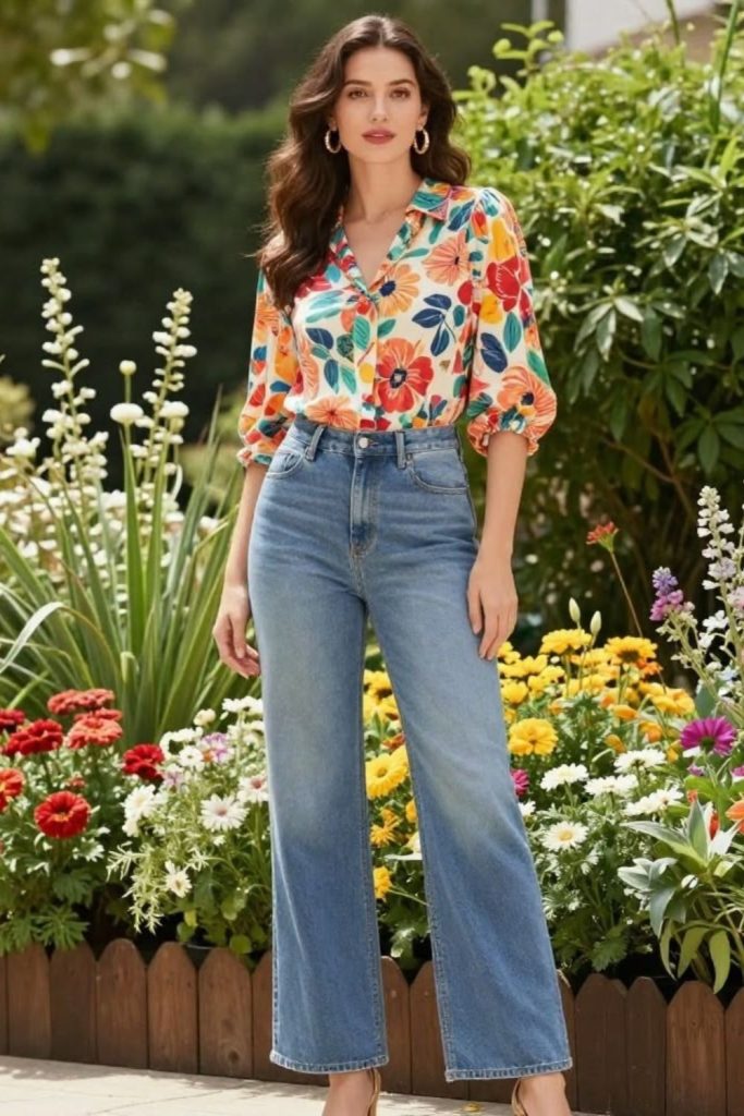 Relaxed jeans floral blouse casual look
