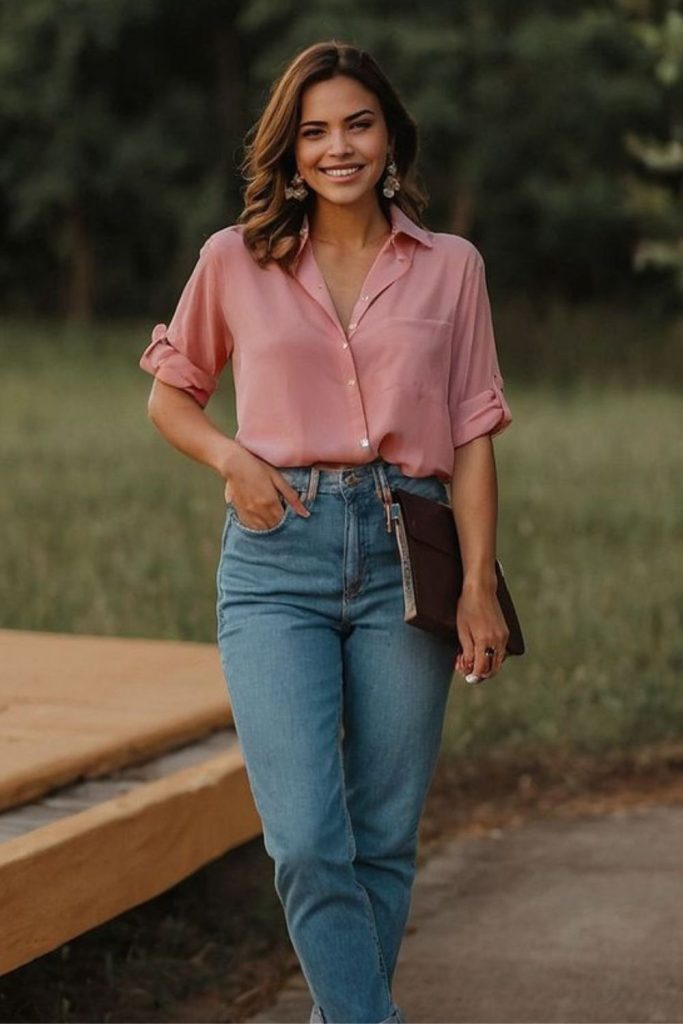 Relaxed ankle jeans peach blouse style