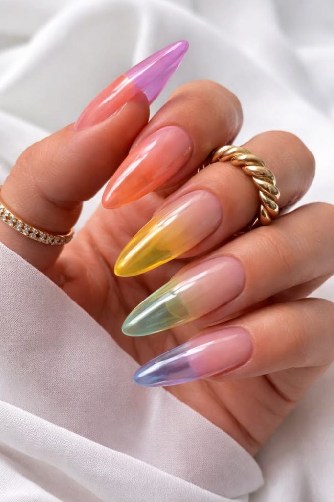 Transparent jelly nails with tiny flowers.