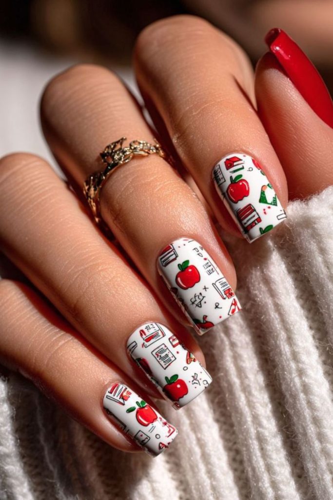 Glitter apple autumn teacher manicure.