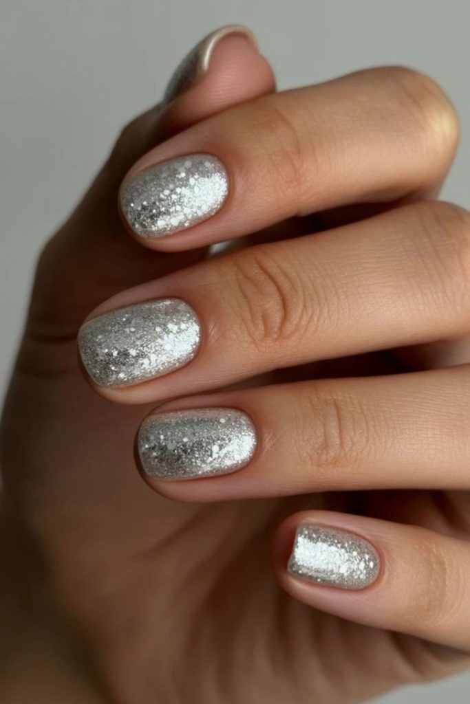 Silver glitter sparkle school manicure.