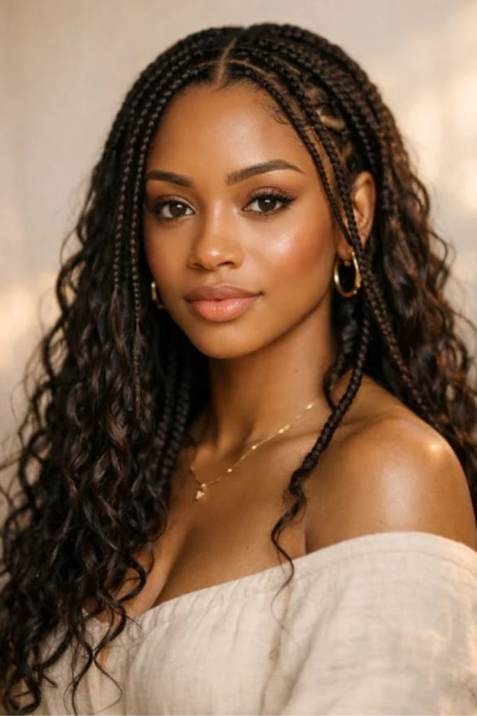 Goddess cornrows with loose curls.