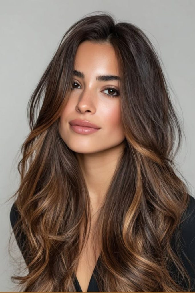 Golden cocoa balayage brunette hairstyle
