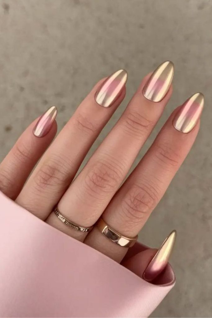 Golden chrome almond summer nails.
