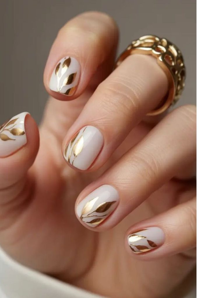 Gold leaf nude manicure design.