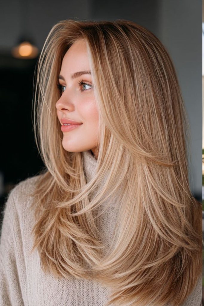Golden luxe long straight hairstyle.