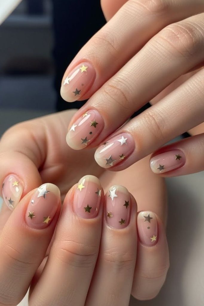 Nude nails with golden stars.