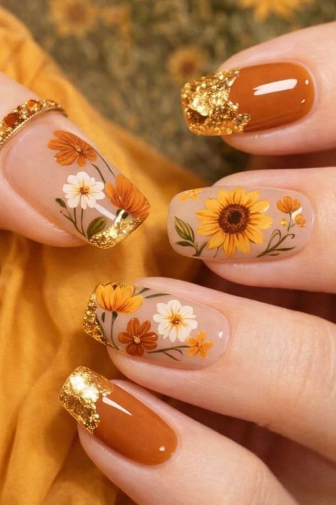 Golden sunflower Leo zodiac nails